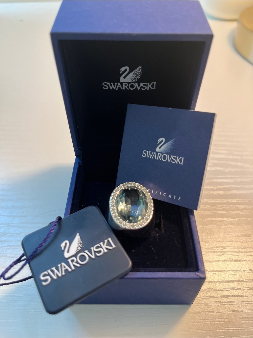 Swarovski Silver Ring with Blue Oval Crystal and Clear Halo